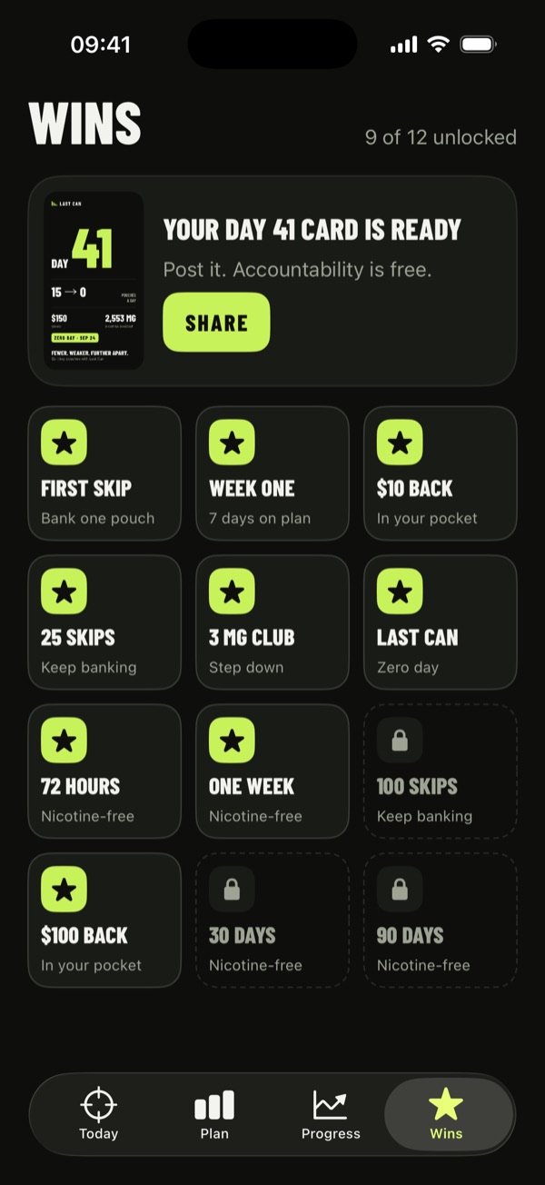 Wins screen with a shareable day card and unlocked milestones